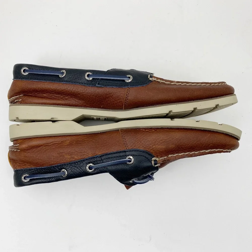 Sperry Leeward Cross Lace Leather Boat Shoe Loafer Mens 9.5M Brown Navy STS21328